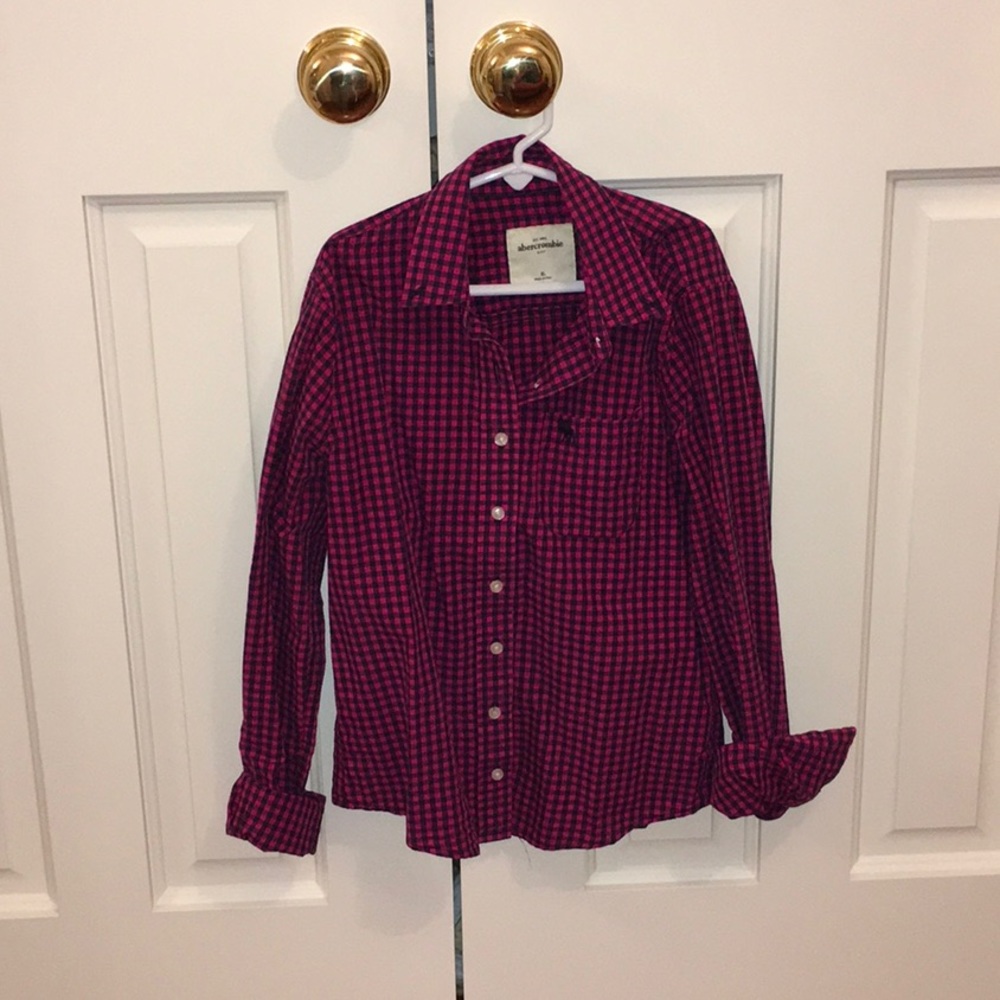 Pink and navy checkered button down shirt